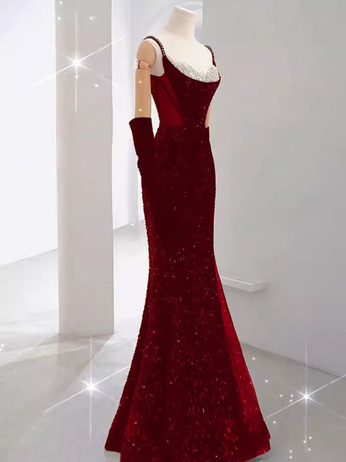Wine Red Sequins Mermaid Straps Long Formal Dress, Wine Red Beaded Prom Dress Evening Dress